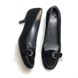 Stuart Weitzman | Black Suede Buckle Kitten Heels
